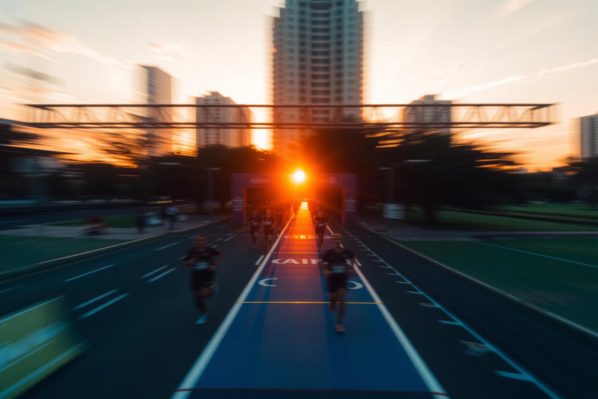 Corredores cruzando a linha de chegada ao pôr do sol
